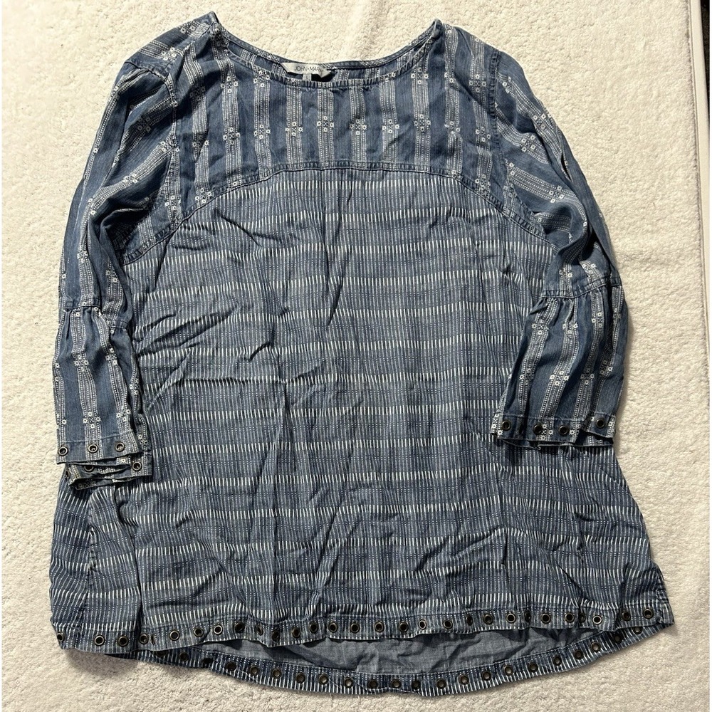 John Mark Women's Large Denim Lyocell Blue Boho Striped Top (B2)